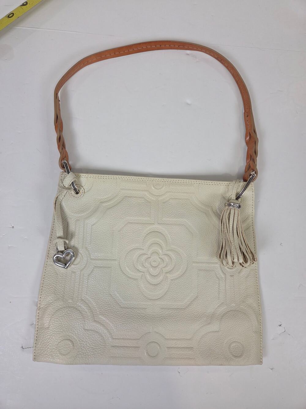 Brighton Cream/White Leather Purse Floral Embossed Tassel Bohemian Minimalist